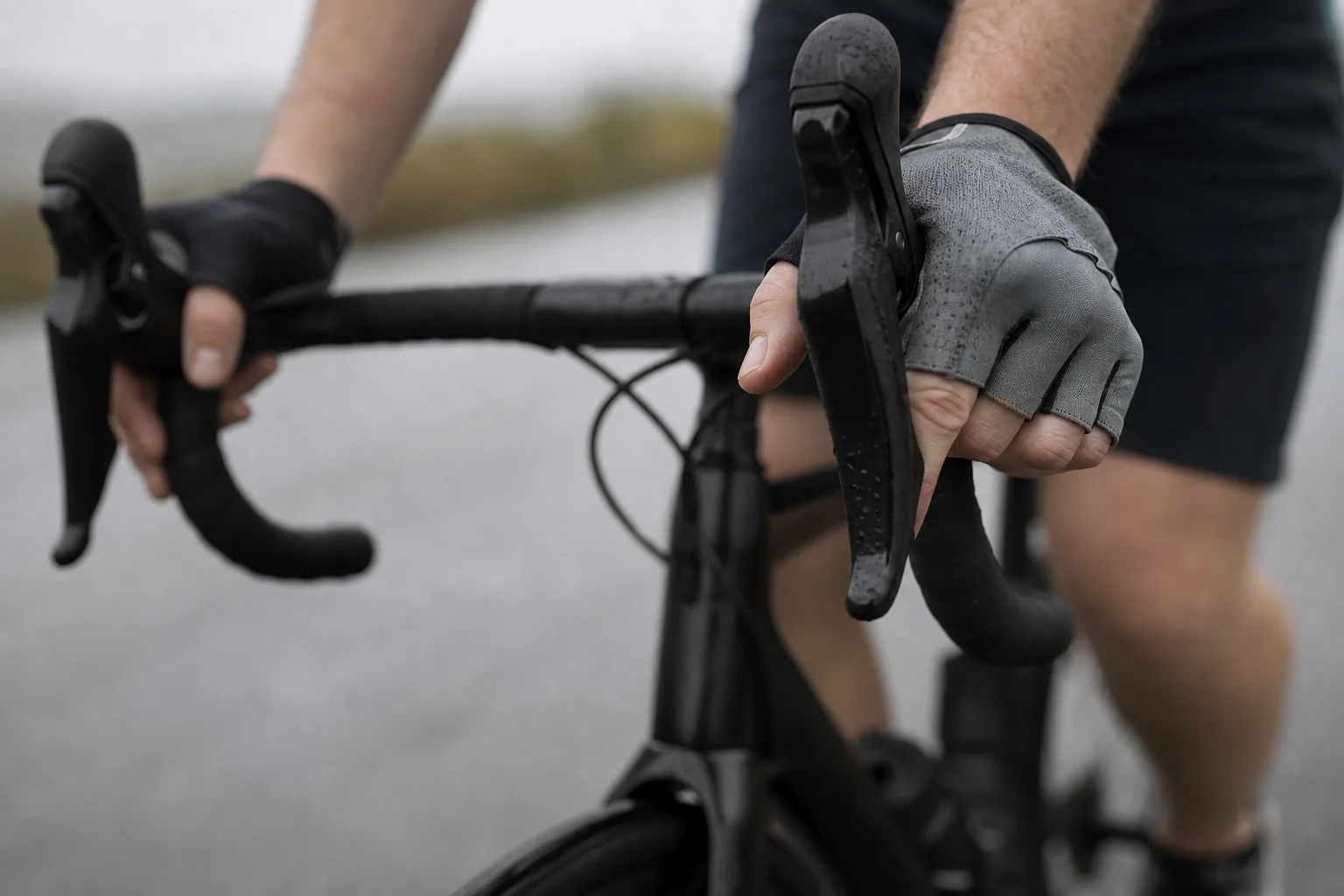 Nahaufnahme der Hände eines Radfahrers am Rennlenker mit Handschuhen bei Nässe