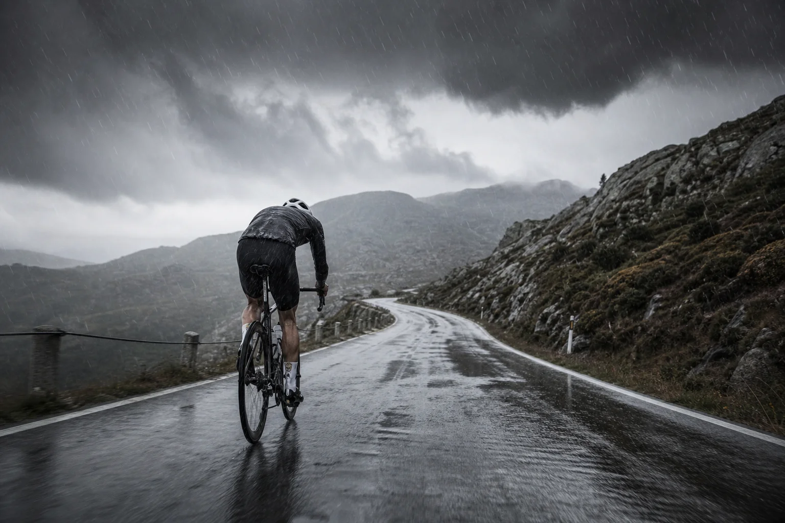 Radfahrer bei starkem Regen und Wind unter dunklen Sturmwolken