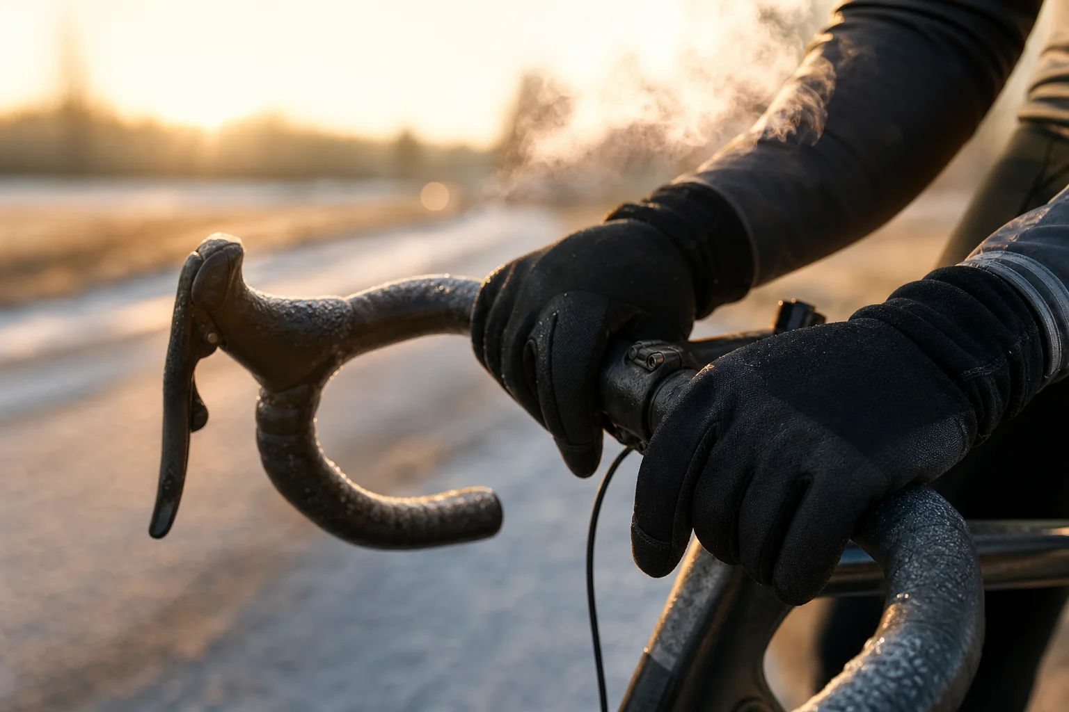 Hände eines Radfahrers am Lenker während einer winterlichen Fahrt am frühen Morgen mit Frost