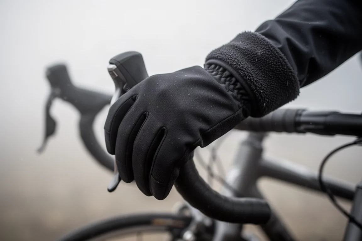 Primo piano di una mano guantata che impugna un manubrio da corsa con il freddo
