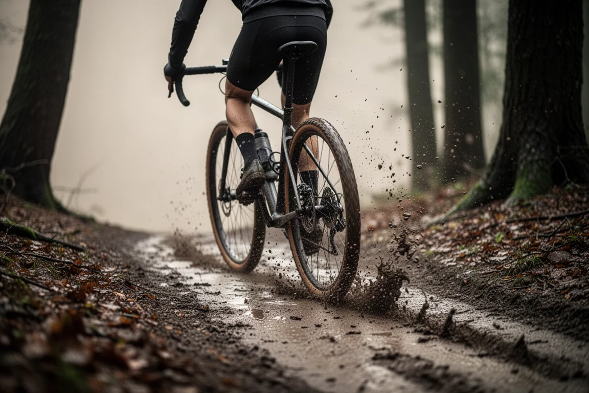 Ruota posteriore di una bici gravel che solleva una nuvola di fango su un sentiero bagnato