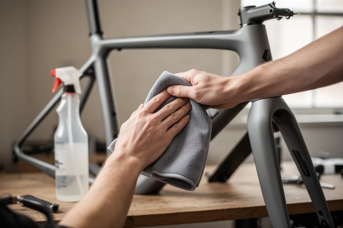 Telaio di una bici pulito con un panno accanto a un flacone spray