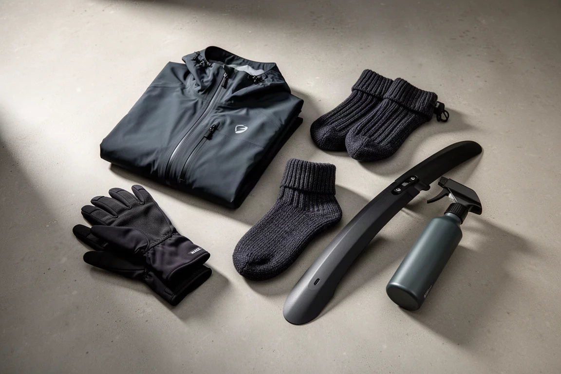 Flatlay van een winterjack voor fietsers, handschoenen, overschoenen, achterspatbord en fietsreiniger op beton
