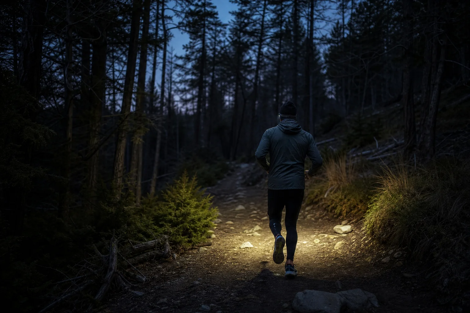 Läufer in Winterausrüstung auf einem dunklen Pfad in der Dämmerung, der Weg wird von einer Stirnlampe beleuchtet