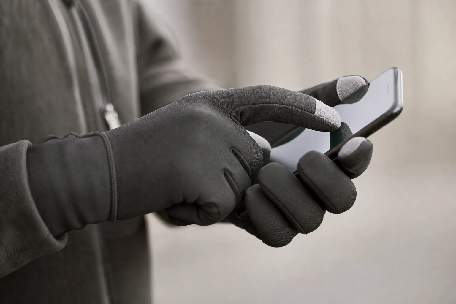 Nahaufnahme der Hände eines Läufers in Winterhandschuhen, die ein Smartphone mit Touchscreen-Funktion halten