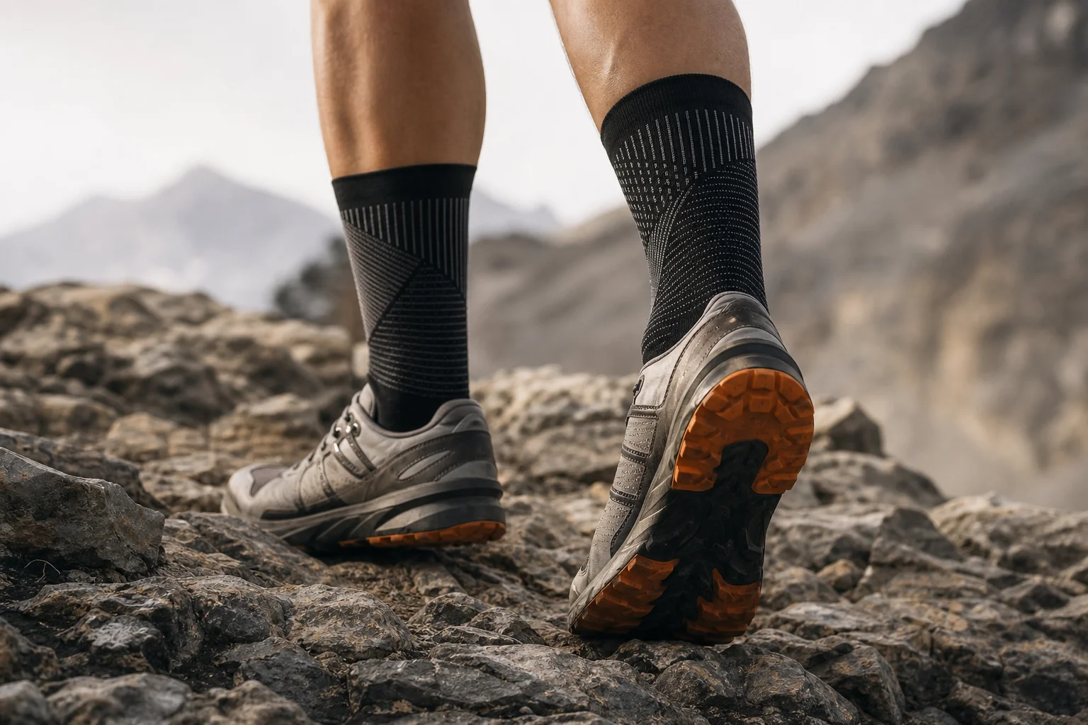Füße eines Läufers in Kompressionssocken und Trailschuhen auf felsigem Berggelände