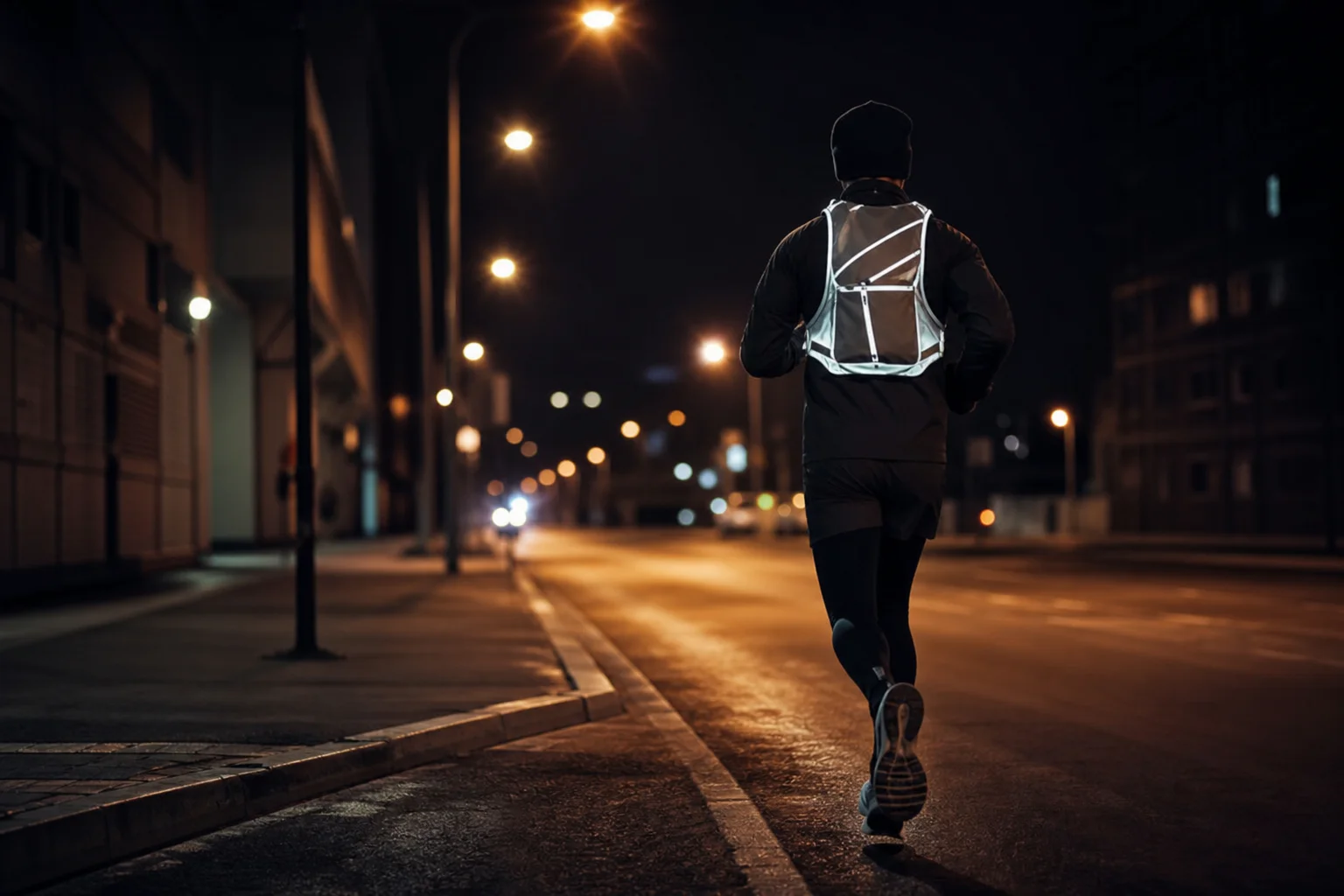 Läufer mit einem hellen, reflektierenden Rucksack auf einer dunklen städtischen Straße bei Nacht