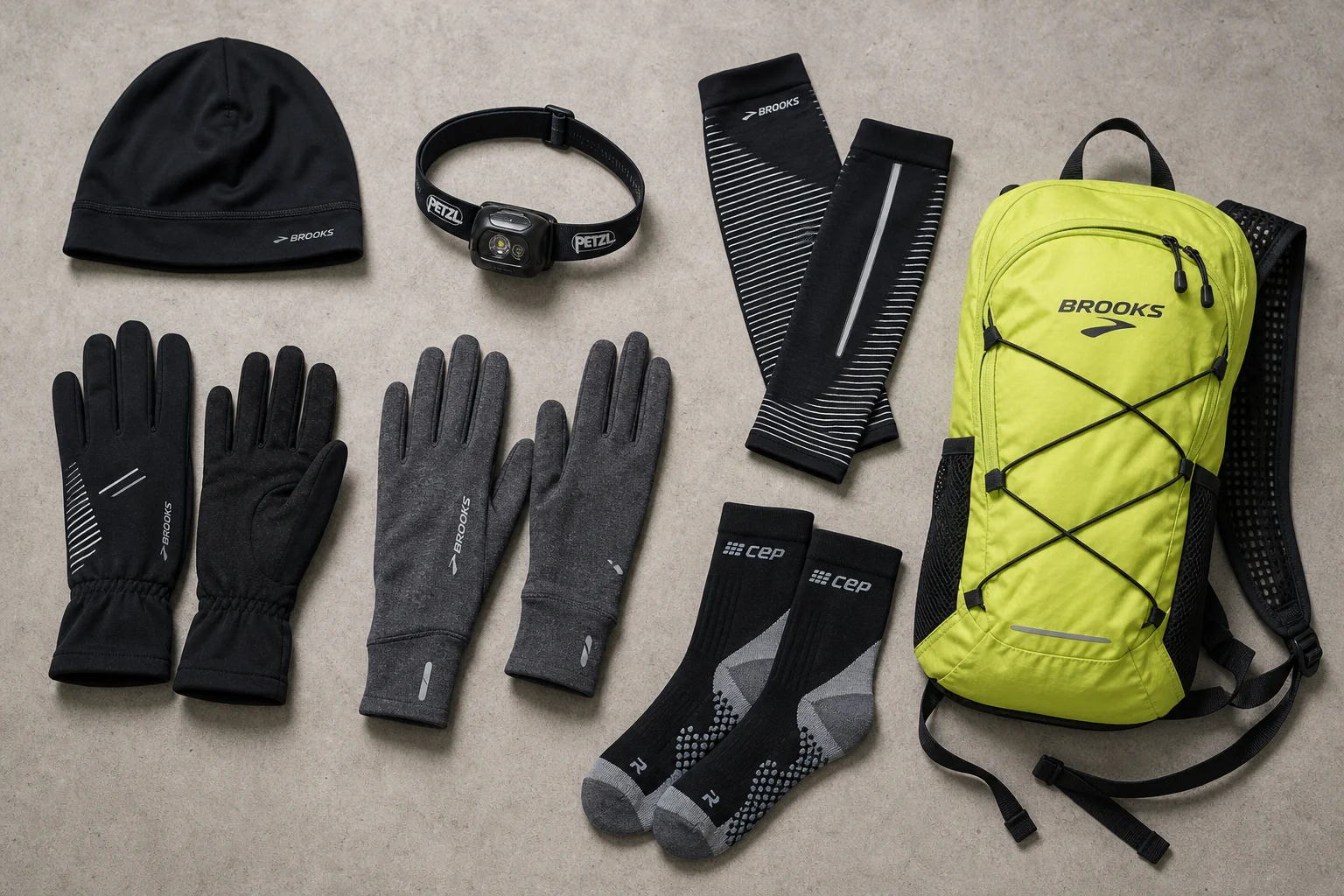 Winter running accessories arranged on concrete including gloves, beanie, headlamp, and reflective backpack