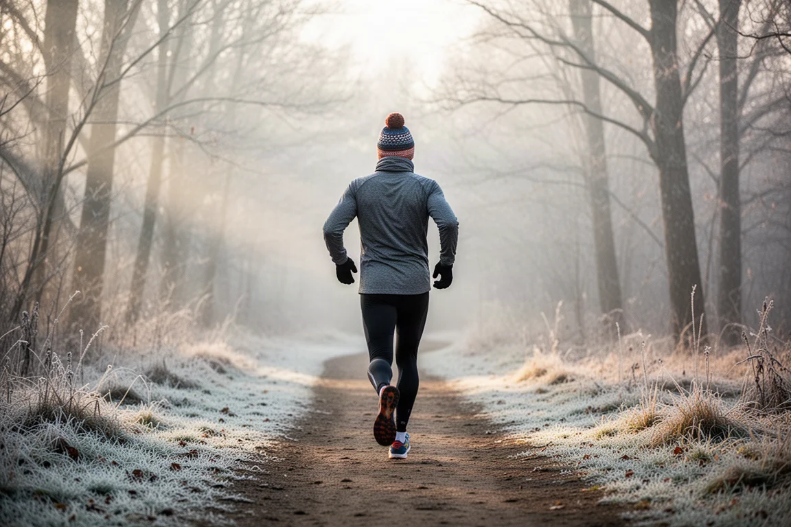 Runner dressed in winter layers on a frosty trail in early morning light