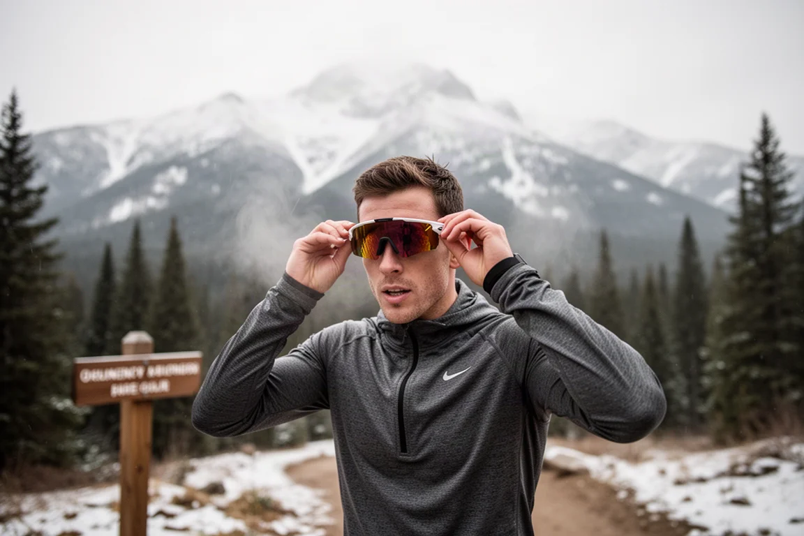 Trail runner adjusting sunglasses at a trailhead before a cold-weather run