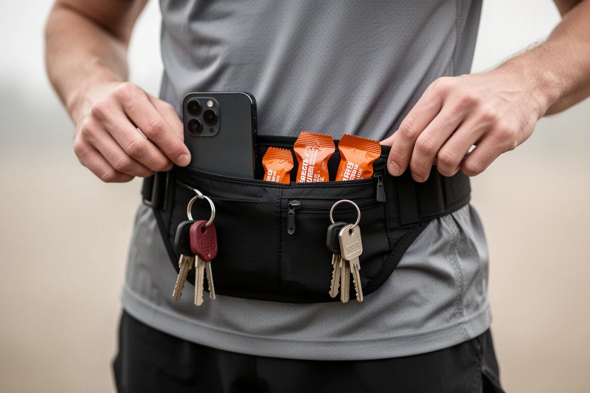 Close-up of a running belt loaded with phone, gels, and keys