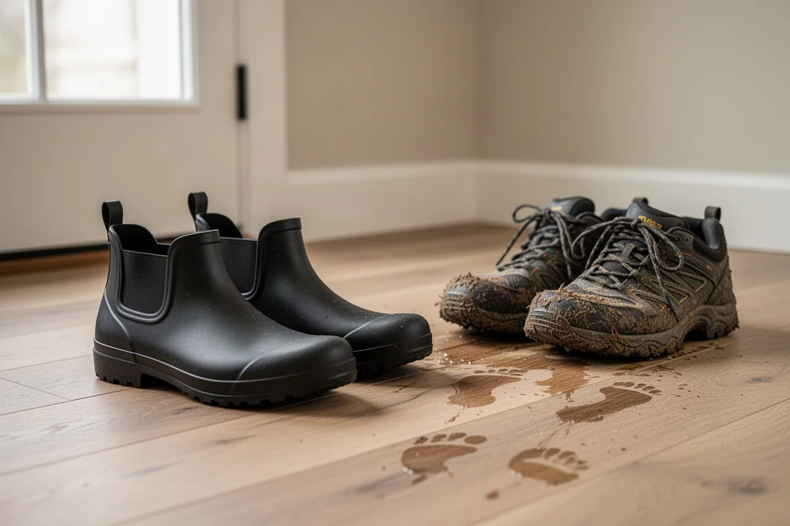 Pair of rubber recovery slip-ons resting by a door after a winter run