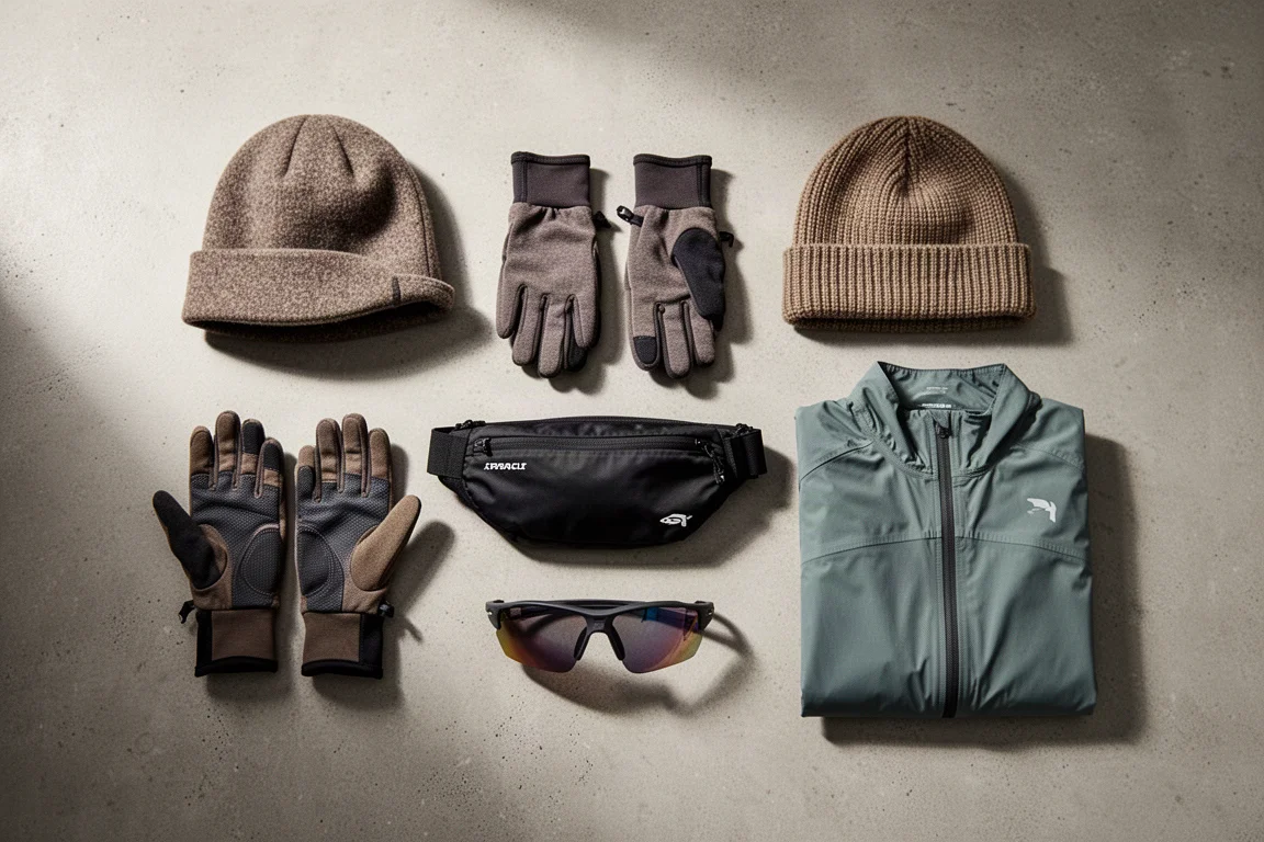 Disposizione in orizzontale di attrezzatura per la corsa invernale con cappellino, mittenti, berretto, cintura, occhiali da sole e giacca