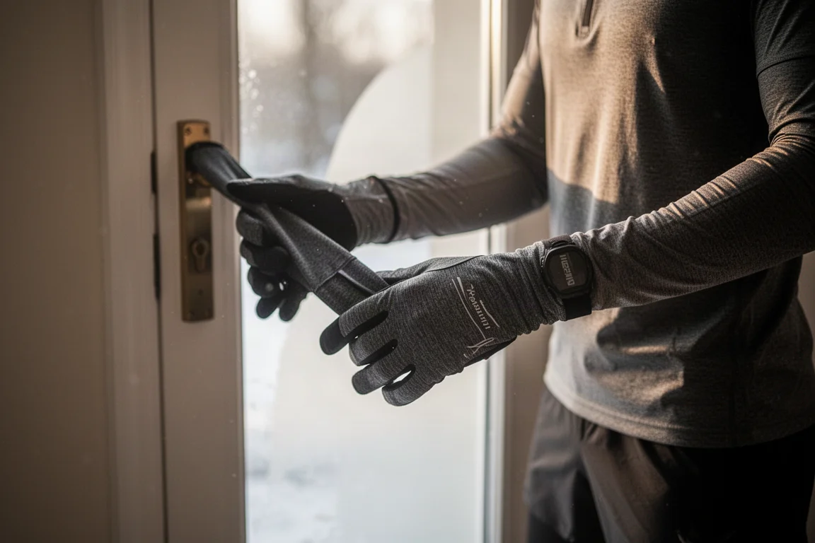Un corredor se pone un par de guantes finos de running de invierno antes de salir