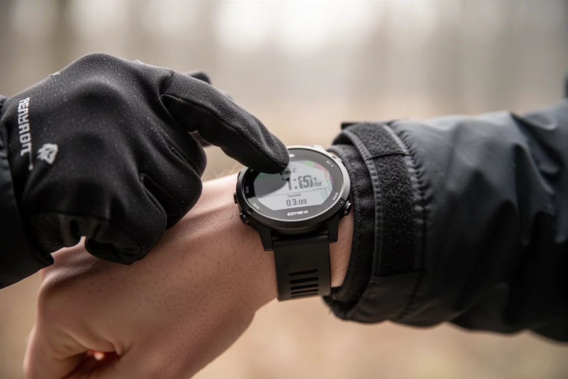 Primer plano de dedos enguantados interactuando con la pantalla táctil de un smartwatch