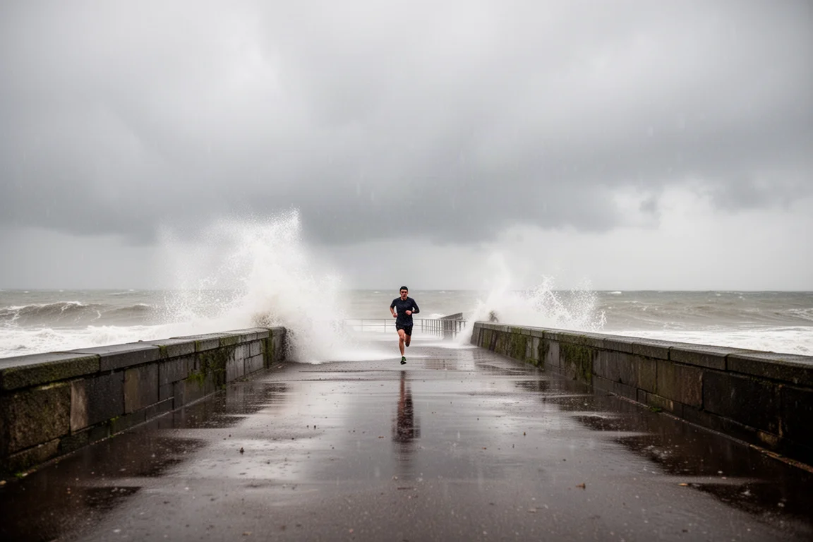 Corredor en un paseo marítimo tormentoso bajo una fuerte lluvia invernal