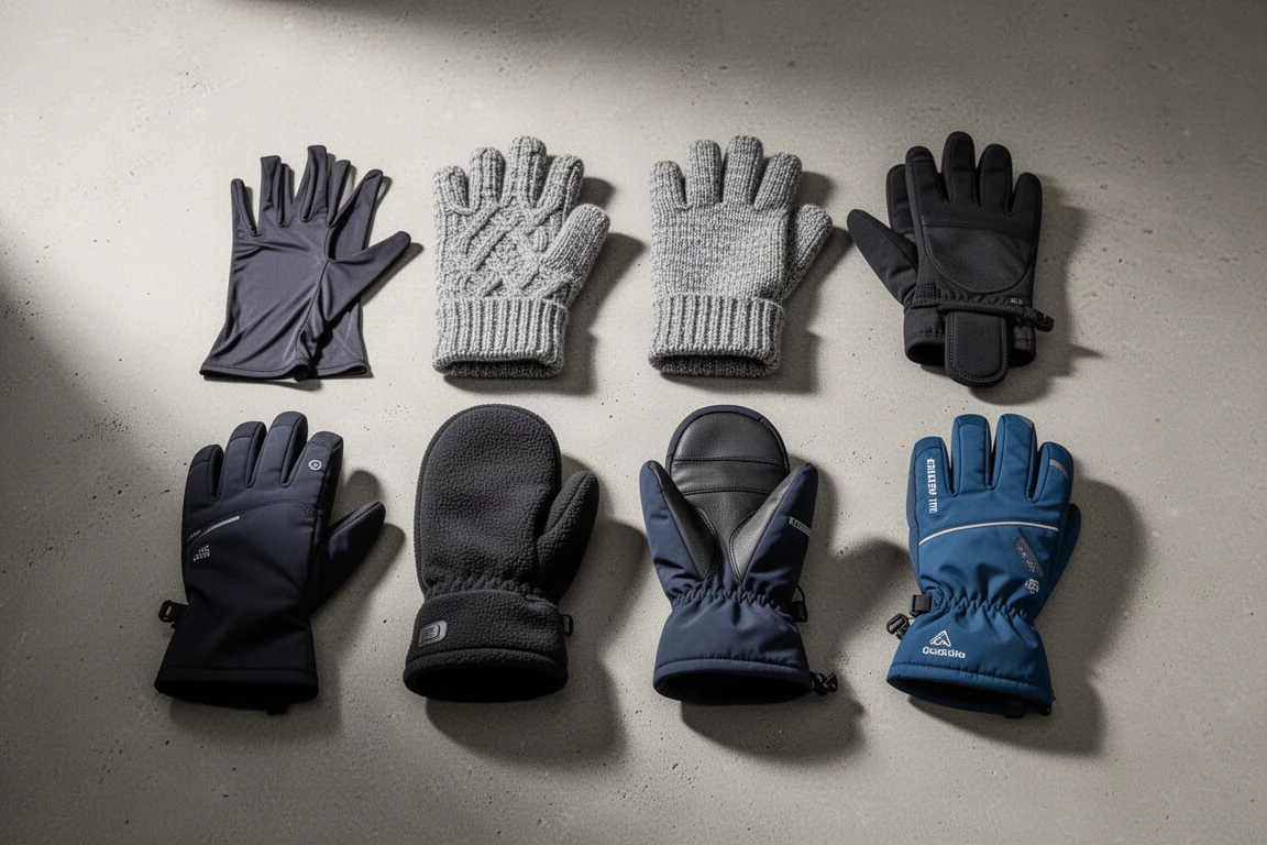 Seven pairs of winter running gloves and mitts arranged on a concrete surface