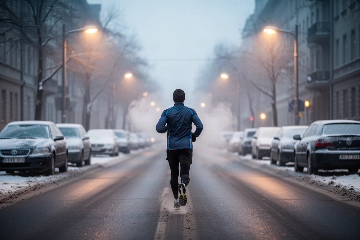 Runner breathing visible in freezing early morning air on an empty city street