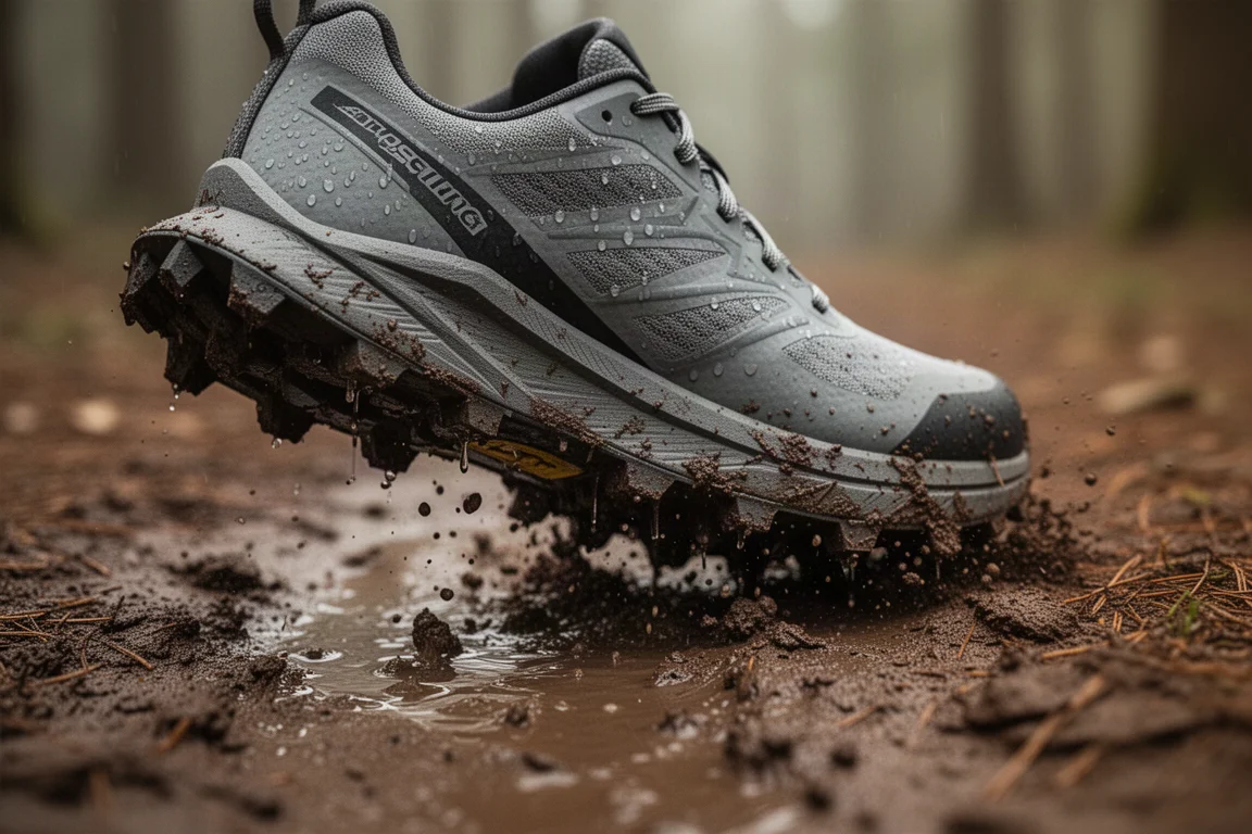 Close-up of an aggressive trail shoe outsole gripping muddy wet ground