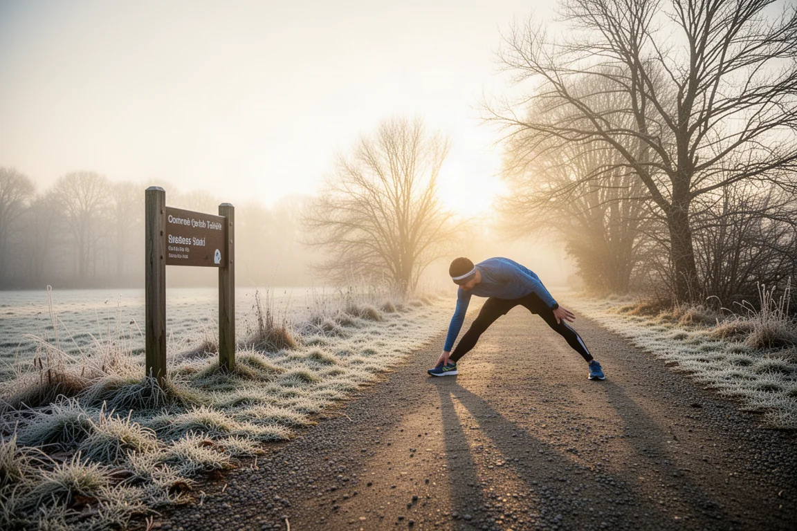 Runner stretching at dawn beside a trailhead in cold winter light