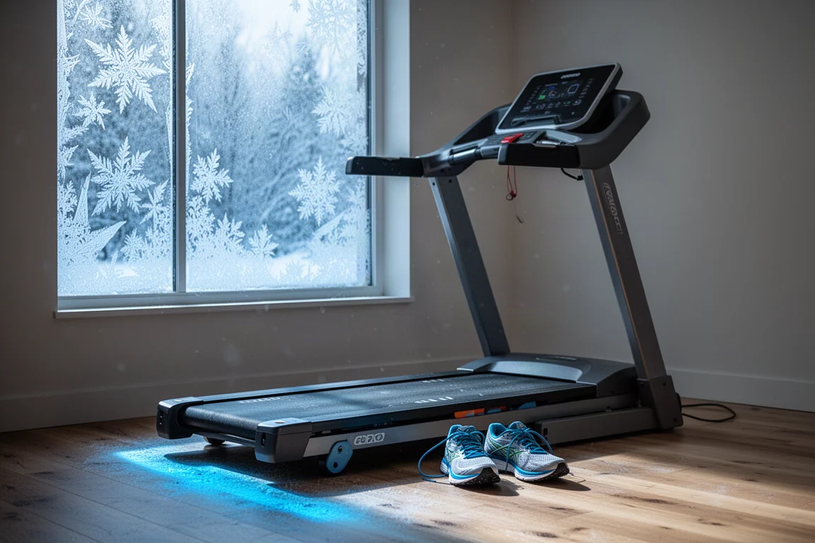 Treadmill setup in a home gym beside a frost-covered window