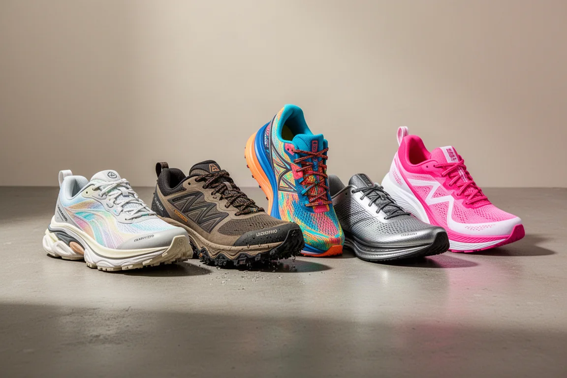 Five winter running shoes arranged in a row on a concrete surface