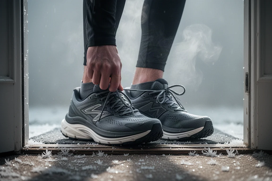 Corredor atándose las zapatillas de running con capas gruesas en una mañana fría y helada