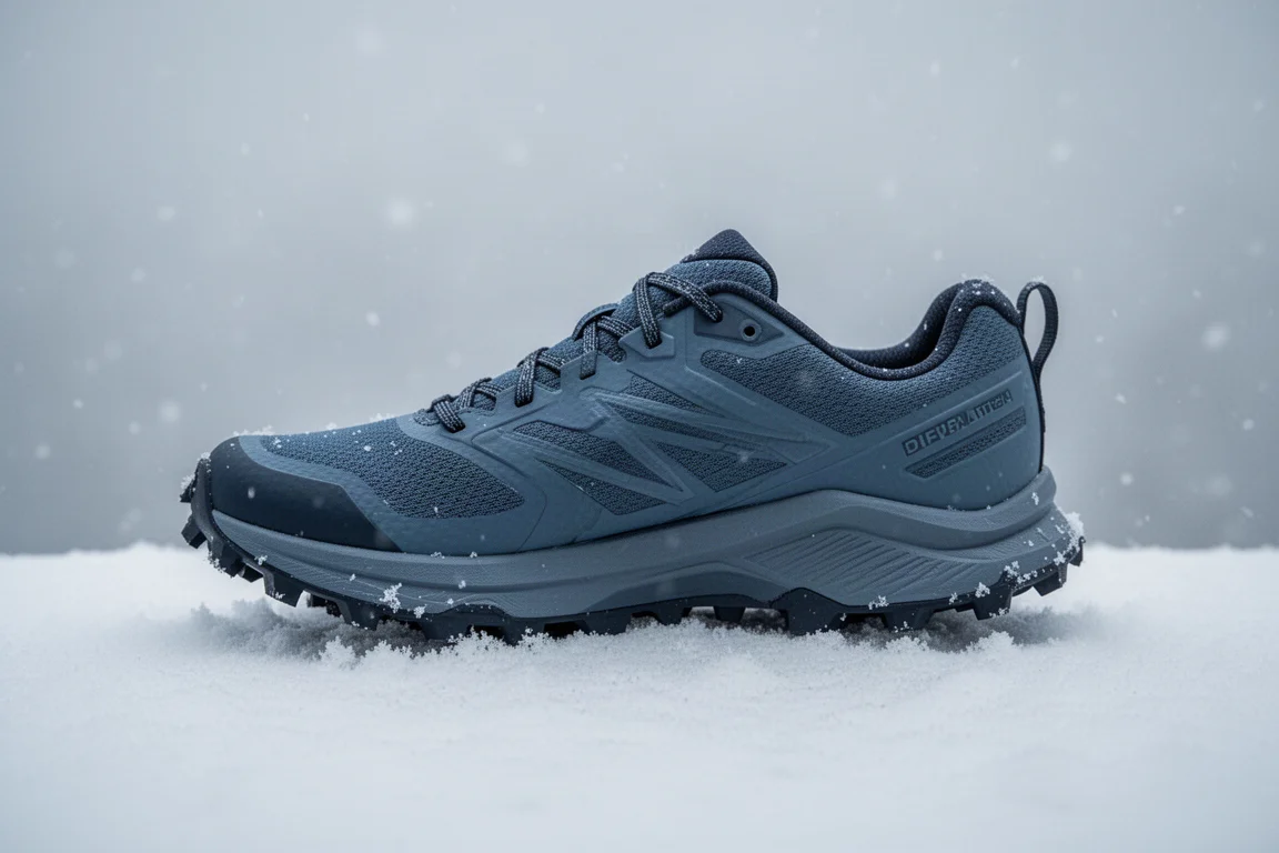 Zapatilla de running sobre nieve compactada mostrando la mediasuela firme y los tacos