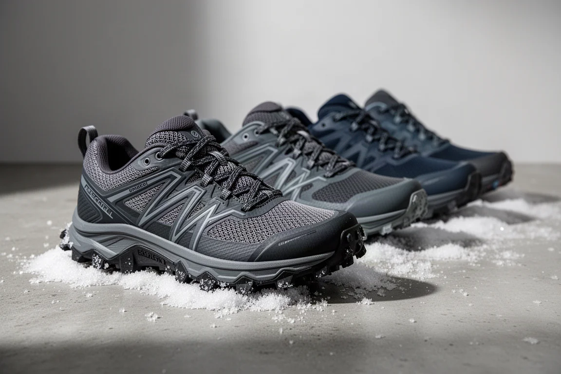 Row of running shoes on concrete beside a light dusting of snow