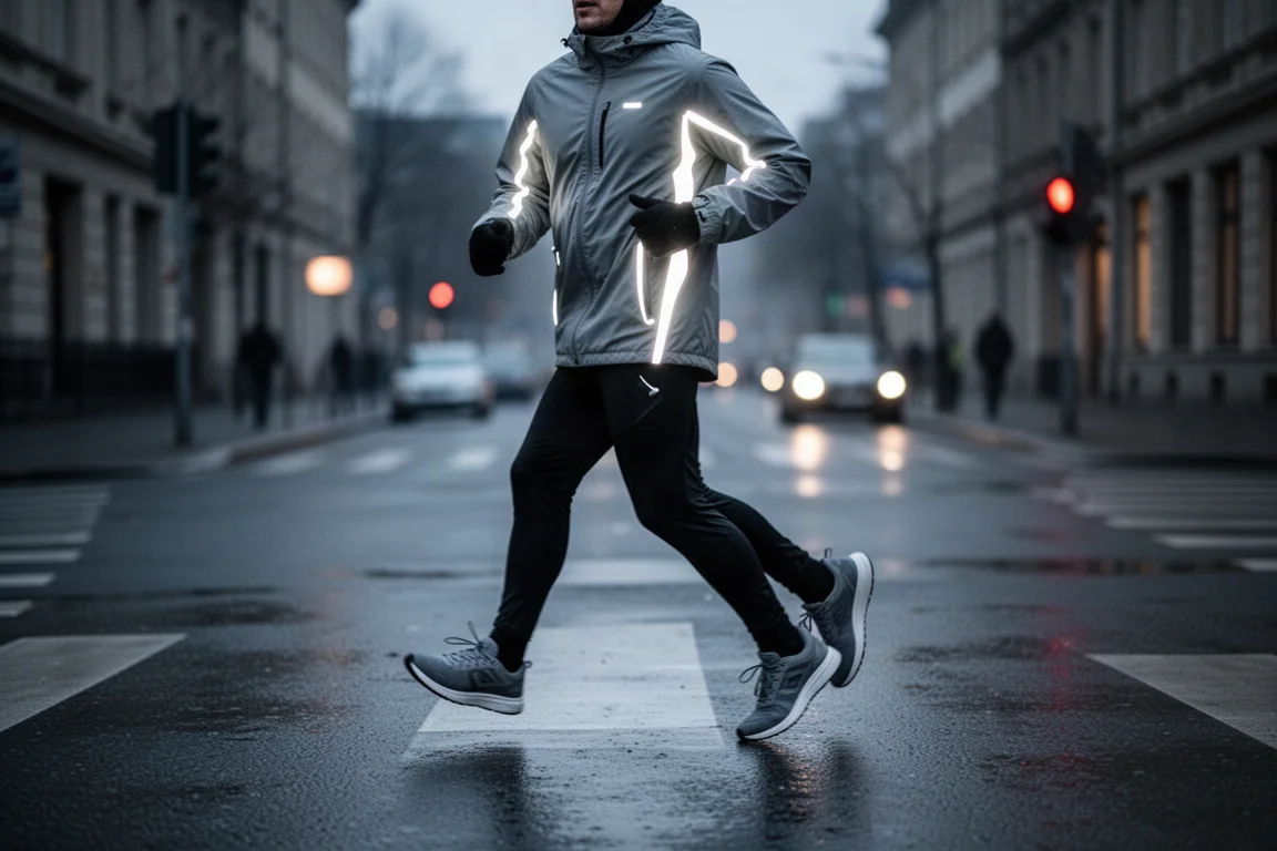Runner crossing a dimly lit urban street in reflective winter kit