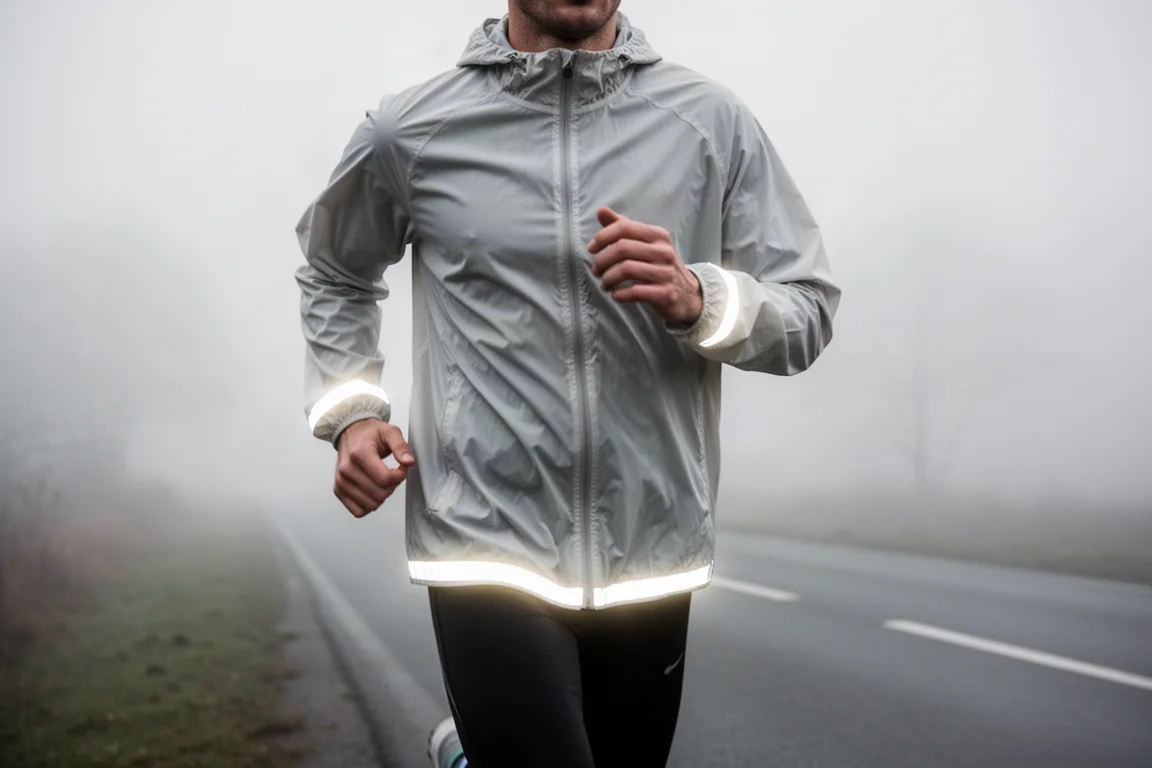 Runner in thin reflective windbreaker on a foggy morning road