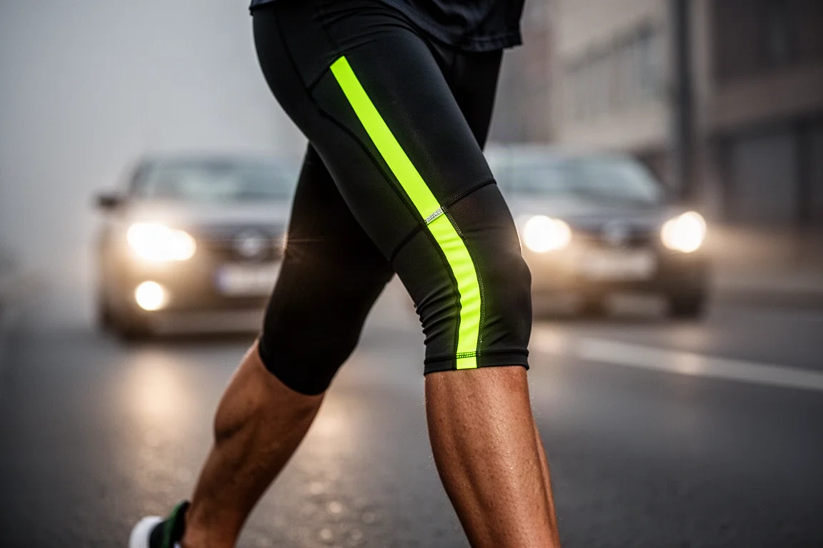 Close-up of runner's legs in neon-striped running tights under headlights