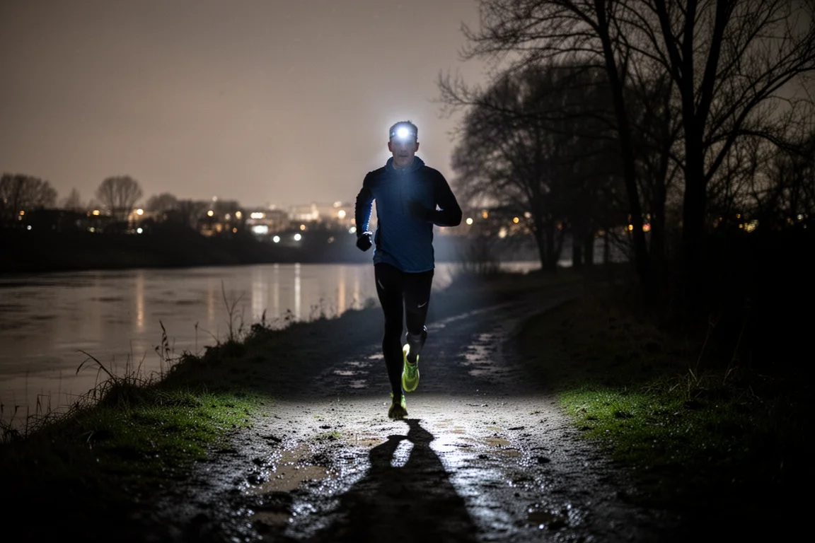 Headlamp beam cutting through darkness on an unlit riverside trail