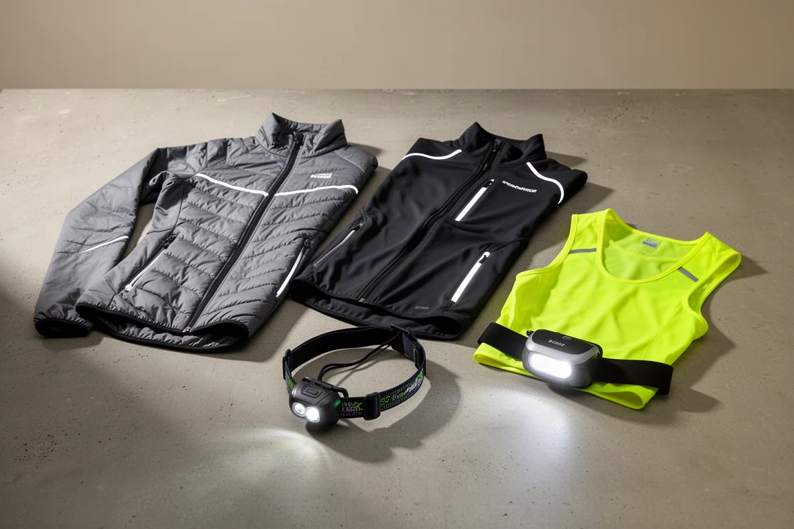 Collection of reflective running jackets, vest, headlamp and lights arranged on concrete