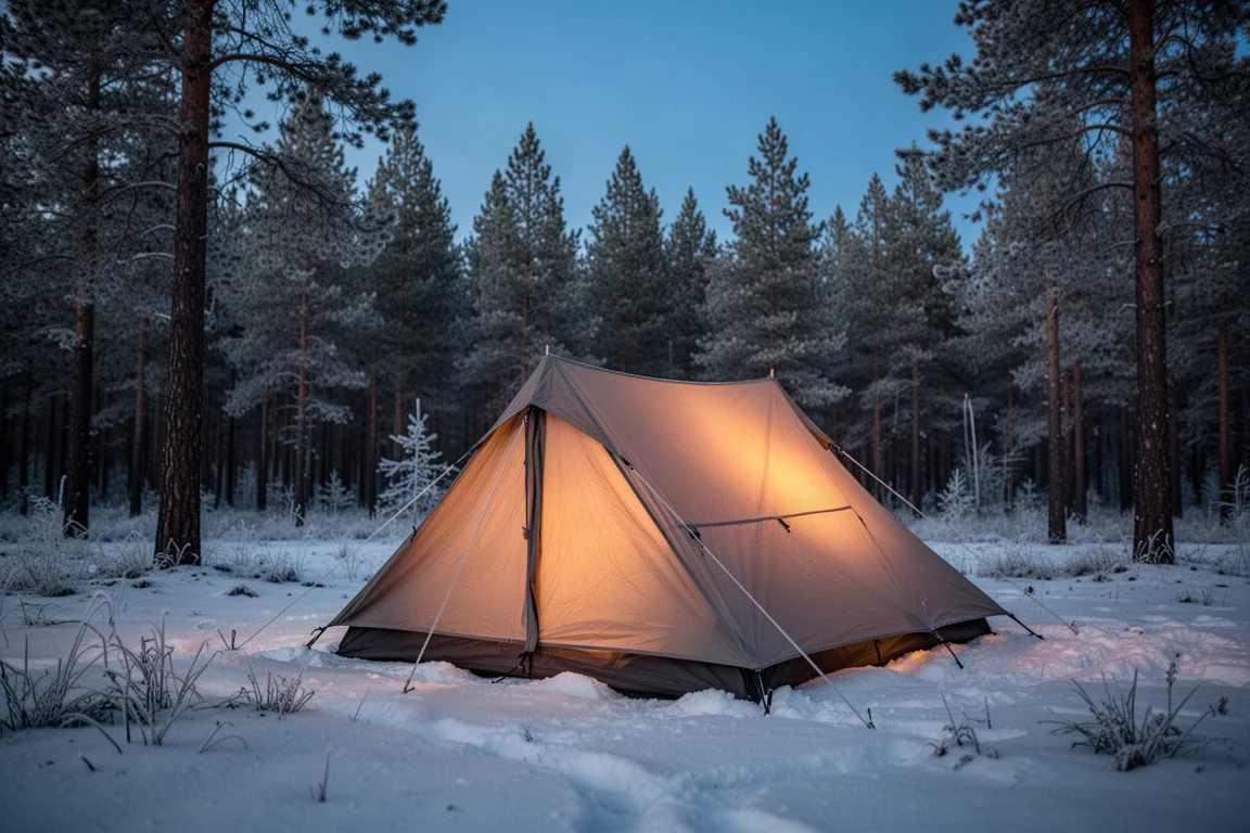 Tente quatre saisons sur la neige à l'heure bleue avec un matelas de couchage et un quilt visibles à l'intérieur