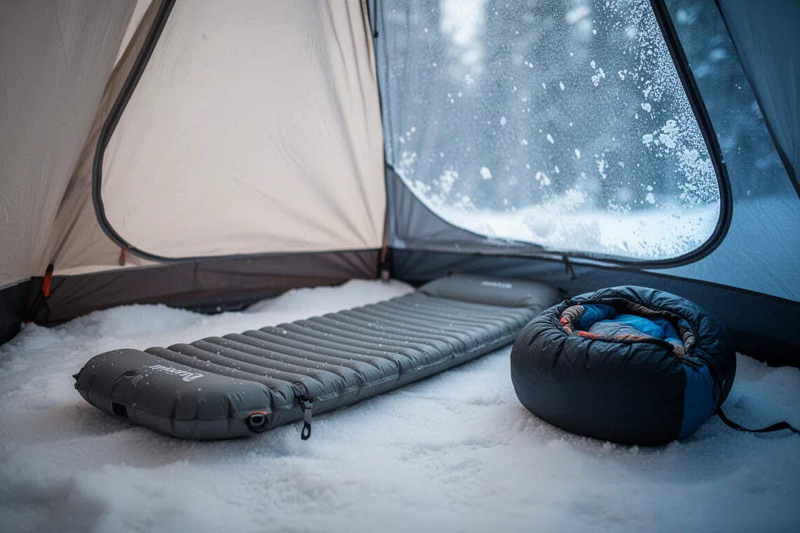 Gros plan de la surface fine et réfléchissante d'un matelas de couchage dans une tente givrée