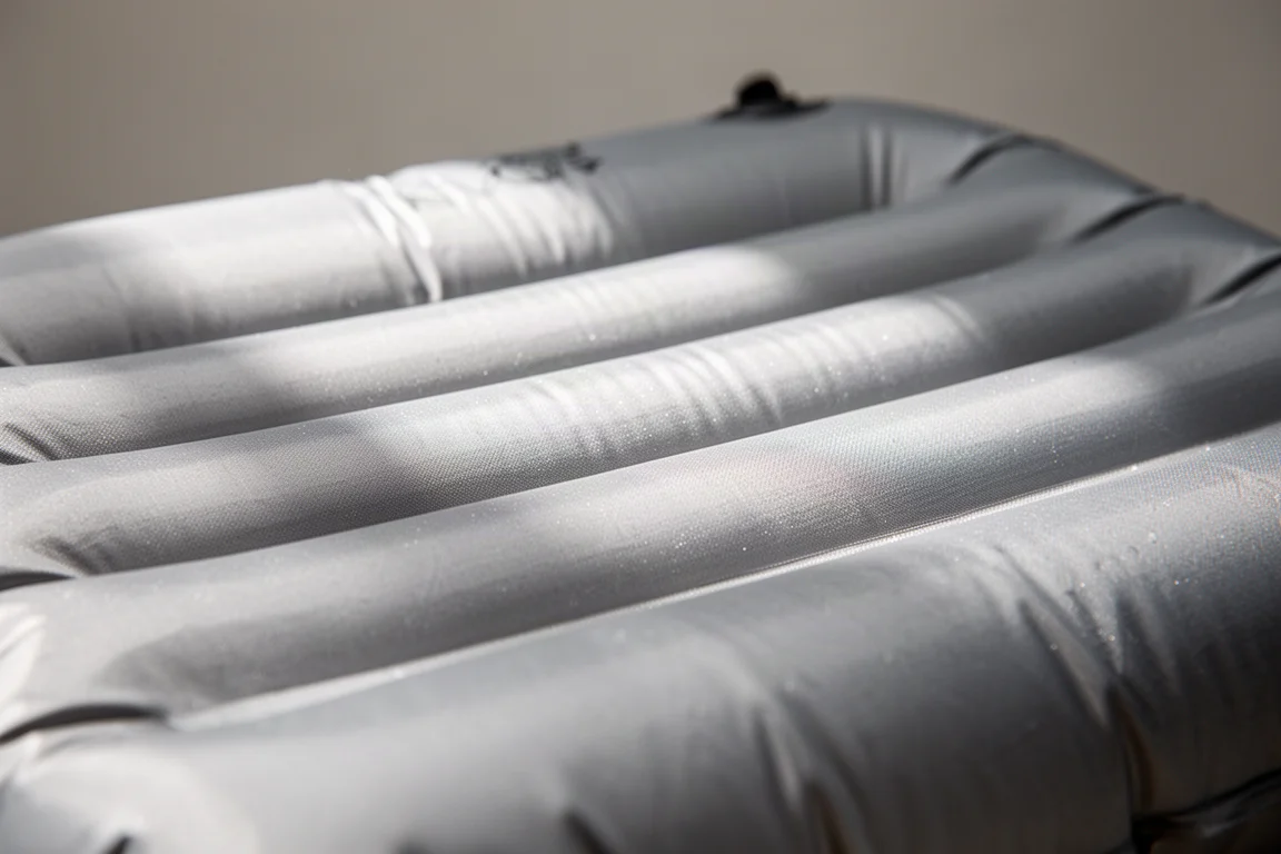 Matelas de couchage à cloisons verticales posé sur la neige tassée à côté d'une tente la nuit