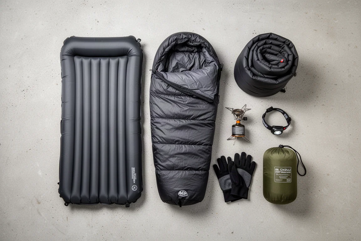 Bivouac hivernal à l'aube avec des tentes et des matelas de couchage roulés sur la neige
