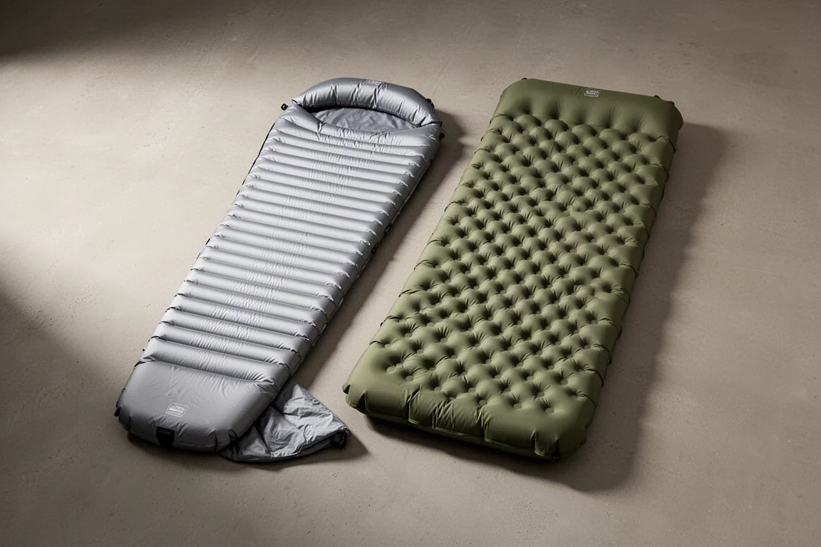 Three lightweight inflatable winter sleeping pads laid side by side on a concrete surface