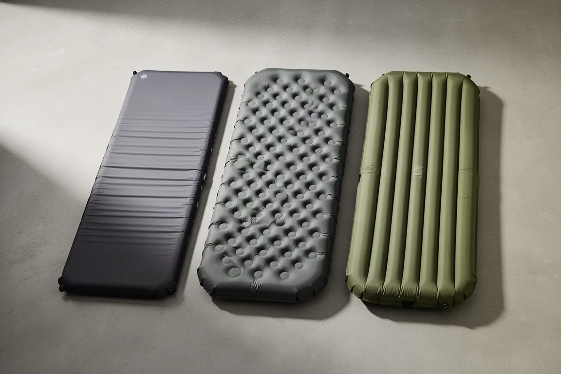 Three lightweight inflatable winter sleeping pads arranged side by side on a concrete surface