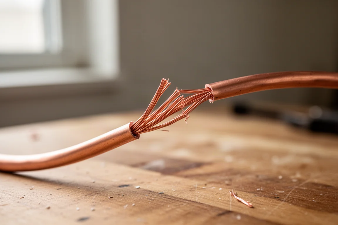 Nahaufnahme eines Kupferdrahts, der abisoliert wird, wobei die Isolierung sauber zurückgezogen wurde