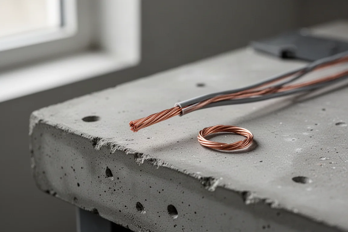 Copper wire with cleanly removed insulation on a workbench