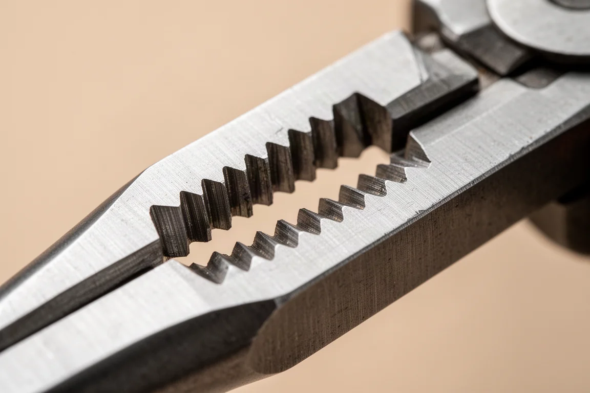 Close-up of serrated jaw teeth on precision wire strippers