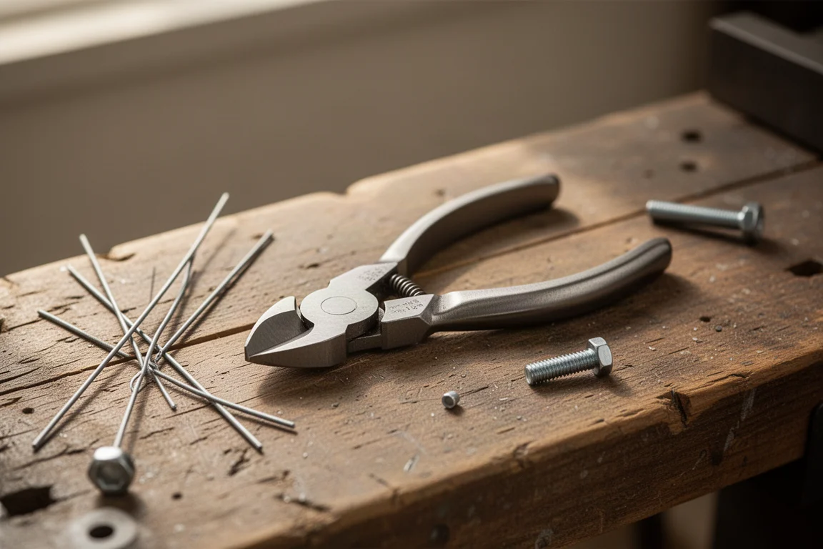 Side cutter snipping a bolt and wire on a workbench