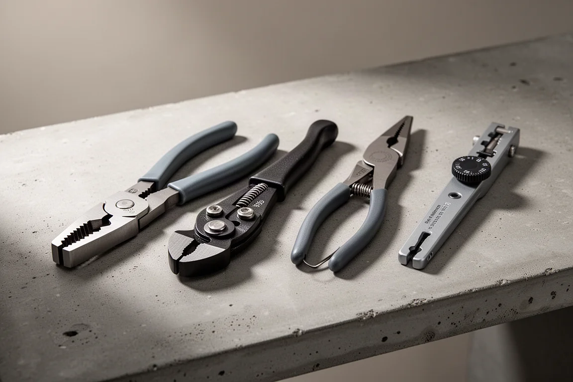 Four different wire strippers and cutters arranged on a concrete workbench