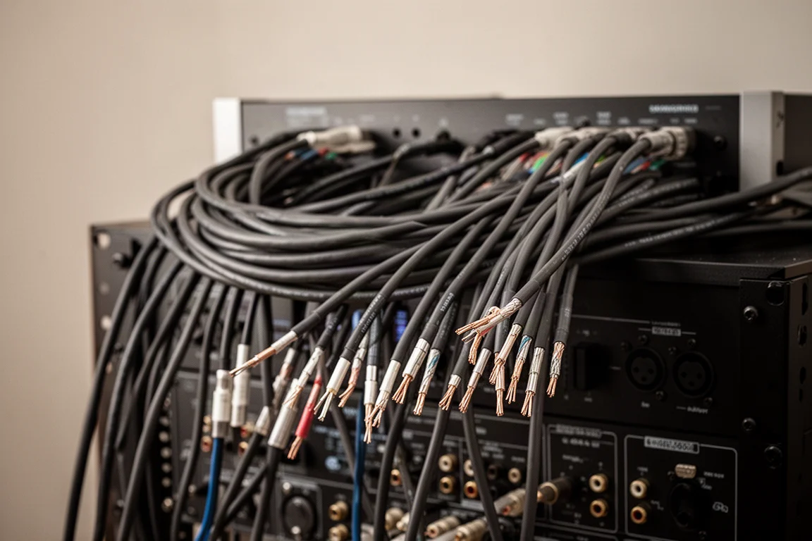 Faisceau de câbles d'enceinte préparé derrière un rack audio
