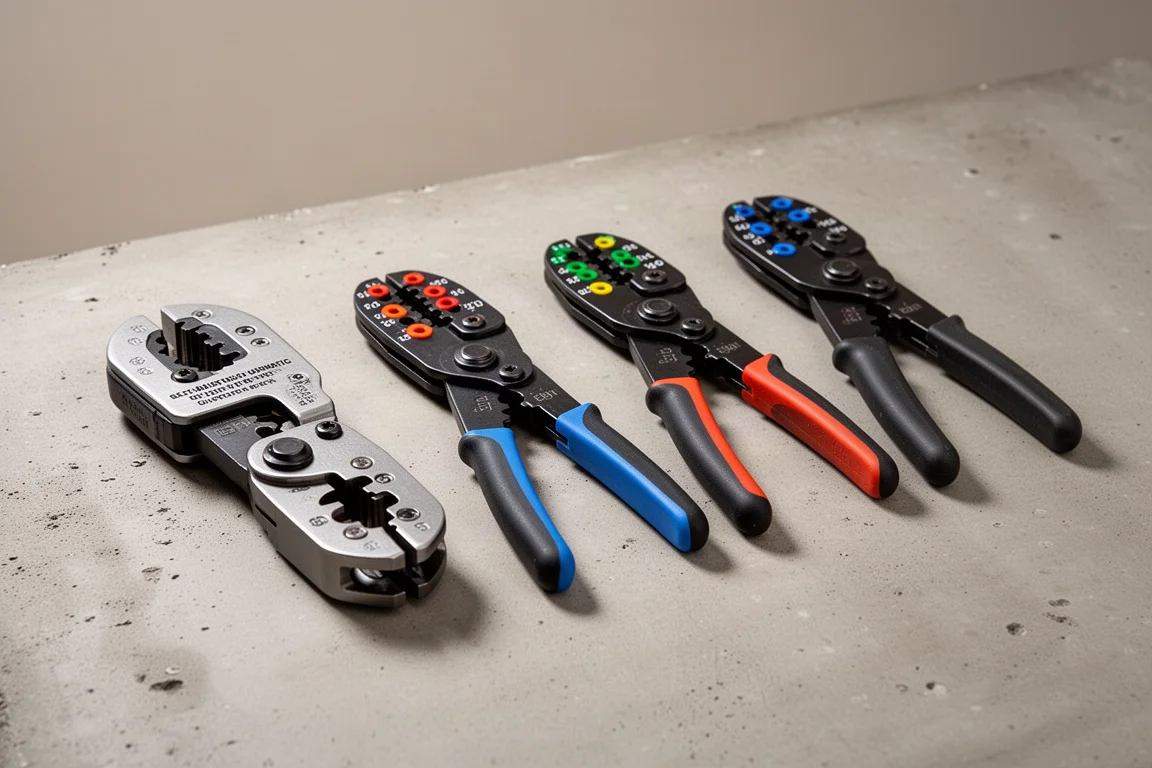 Four wire strippers lined up on a concrete work surface