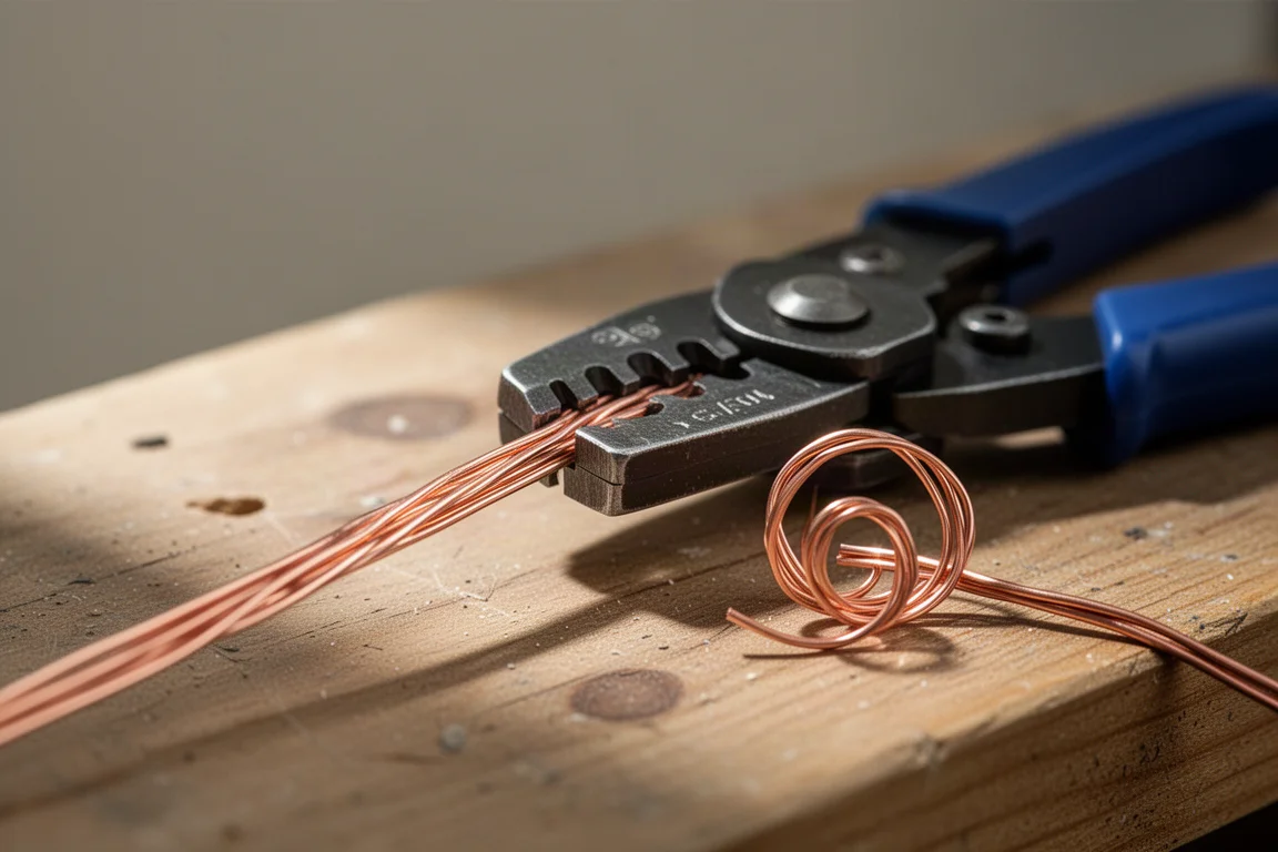 Wire stripper stripping insulation from copper wire on a workbench