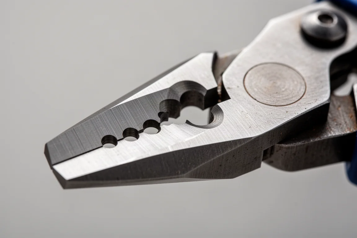 Close-up of sharp cutting blades on a pair of wire strippers