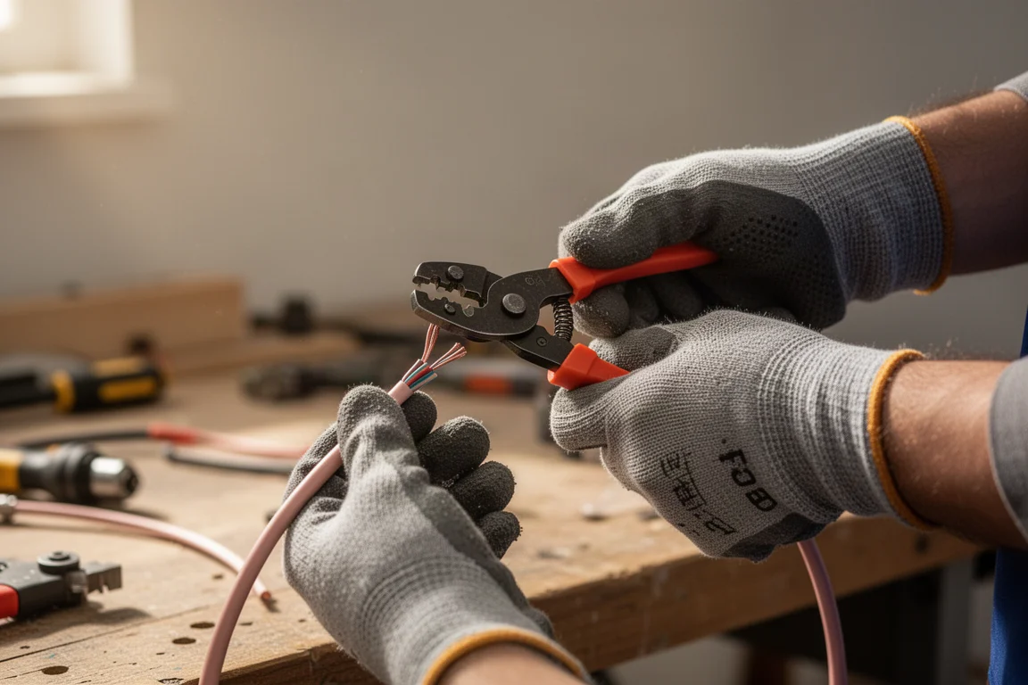 Electrician's hands using wire strippers to prepare a cable